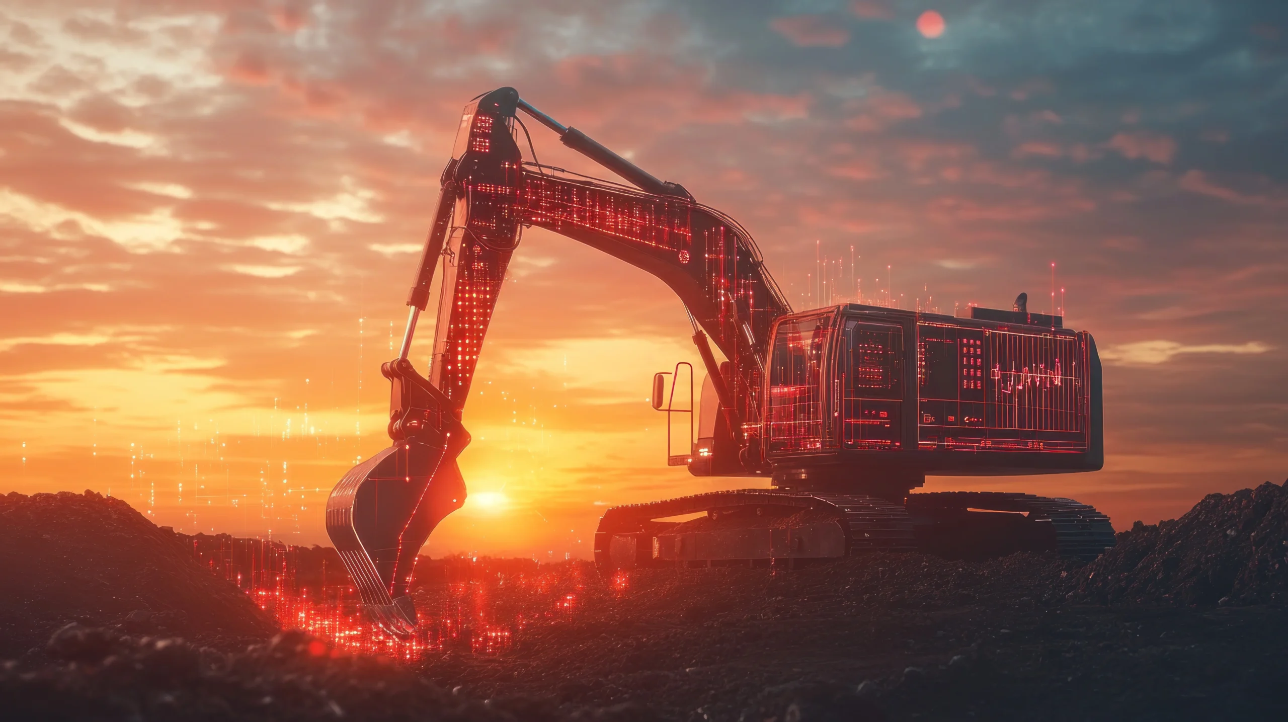 A modern excavator cab showcasing digital construction technology, including GPS screens and sensor arrays protected by durable polycarbonate windows.
