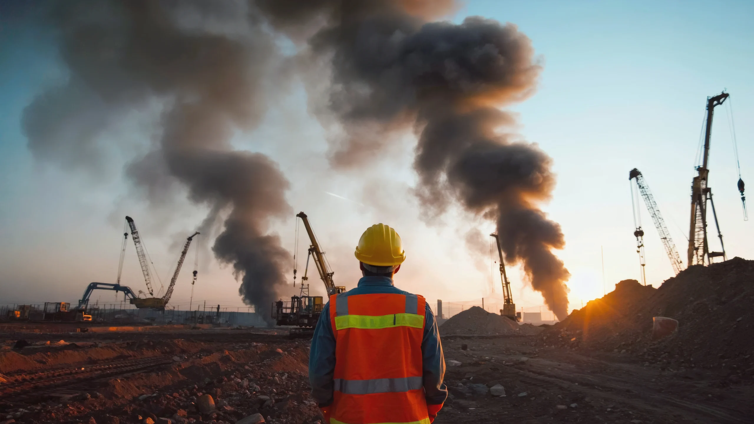 Construction worker observing heavy equipment emitting black smoke and carbon emissions at a large industrial site, illustrating the environmental impact and need for emissions reduction in heavy machinery.