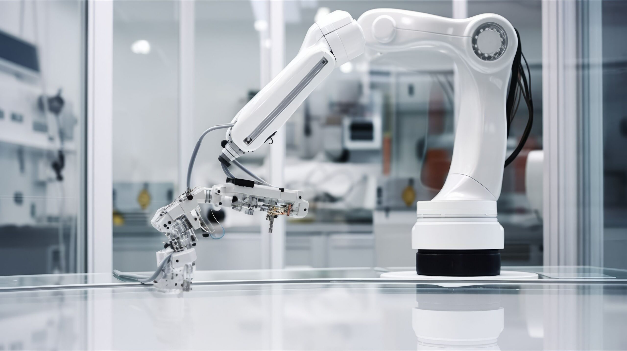 Polycarbonate thickness impact resistance testing with a robotic arm in a laboratory environment.