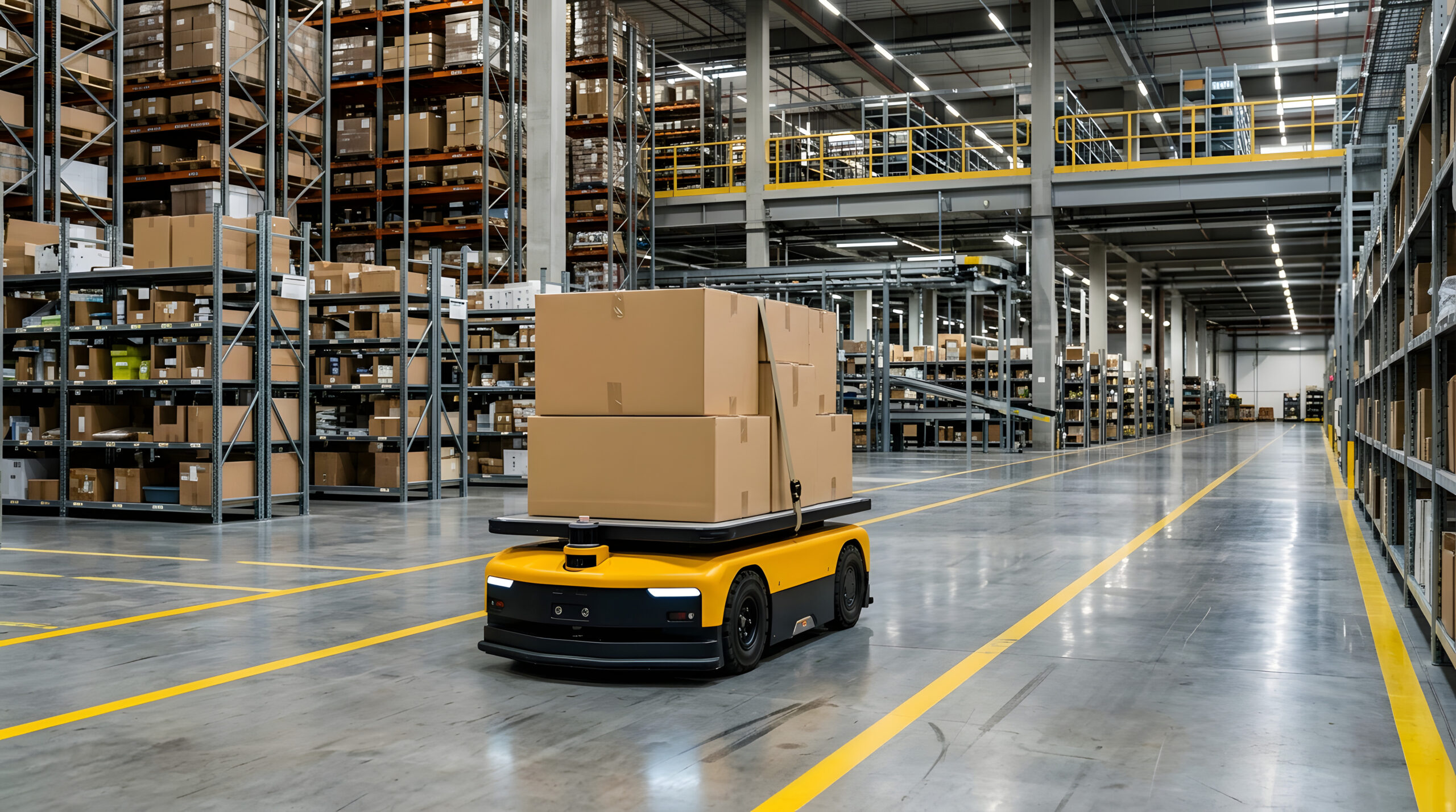 Yellow autonomous guided vehicle with a polycarbonate protective sensor cover transporting boxes through a warehouse Caption: AGV protective covers must